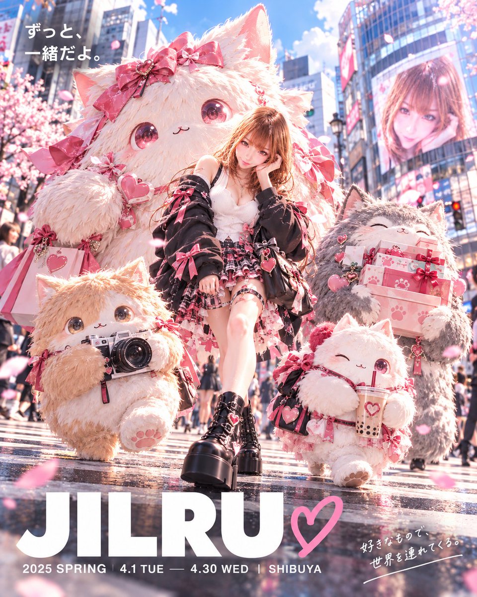 jilllu_nft's tweet photo. まとさんの配布プロンプトを使って、白亜ちゃん＆ジルルの2人で試してみました✨

「プロフィールを再現するのではなく、色やモチーフ、雰囲気を広告の世界へ“翻訳する”」という考え方がすごく面白かったです！
白亜ちゃんではピンク・白・黒やリボンなどからガーリーな世界に、ジルルでは同じファッション広告でも少しリアル寄りの春らしい雰囲気に🌸

同じプロンプトなのに、キャラクターを変えるとモンスターや街の空気まで変わるのが面白い…！

特に勉強になったのが、要素をたくさん入れながらも「人物・モンスター・街・文字」の役割がきちんと分けられているところ。

モンスターにも大小をつけて前後に配置するので、自然に奥行きが生まれて、下部の大きなロゴまで含めてちゃんと“広告”として見えるんですよね。

「何を描くか」だけではなく、情報をどう分解して、別の表現に置き換えるかまでプロンプトで設計できるのがとても参考になりました✨
2人で試したからこそ、同じ設計からここまで違う世界が生まれるのも実感できて楽しかったです！