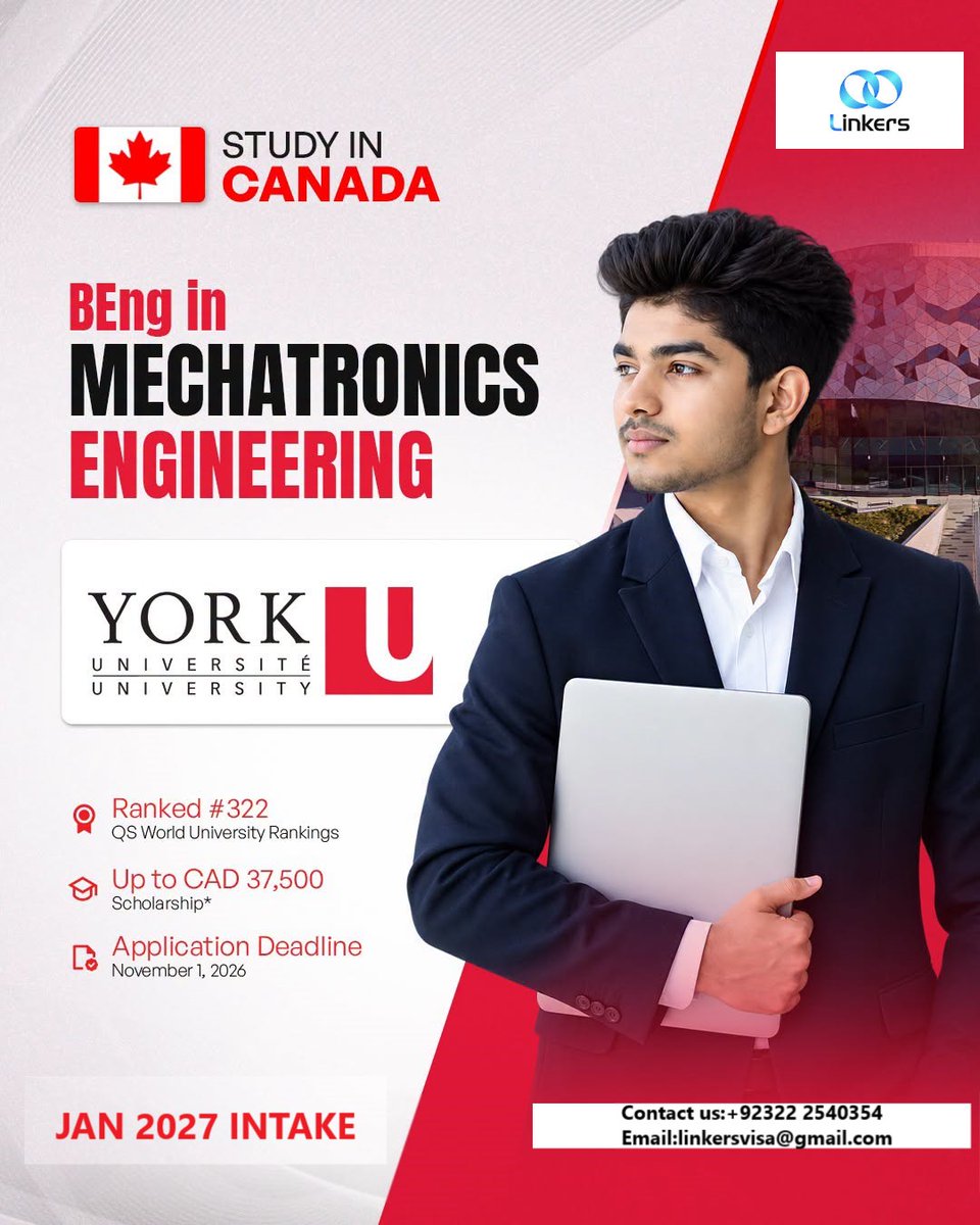 EraasAdvisor's tweet photo. The BEng in Mechatronics Engineering at York University combines multiple engineering disciplines to help you build the technical skills needed for a technology-driven career.
For application assistance:
WhatsApp: 0322 2540354
#studyincanada https://t.co/DHdQ0bEFXo