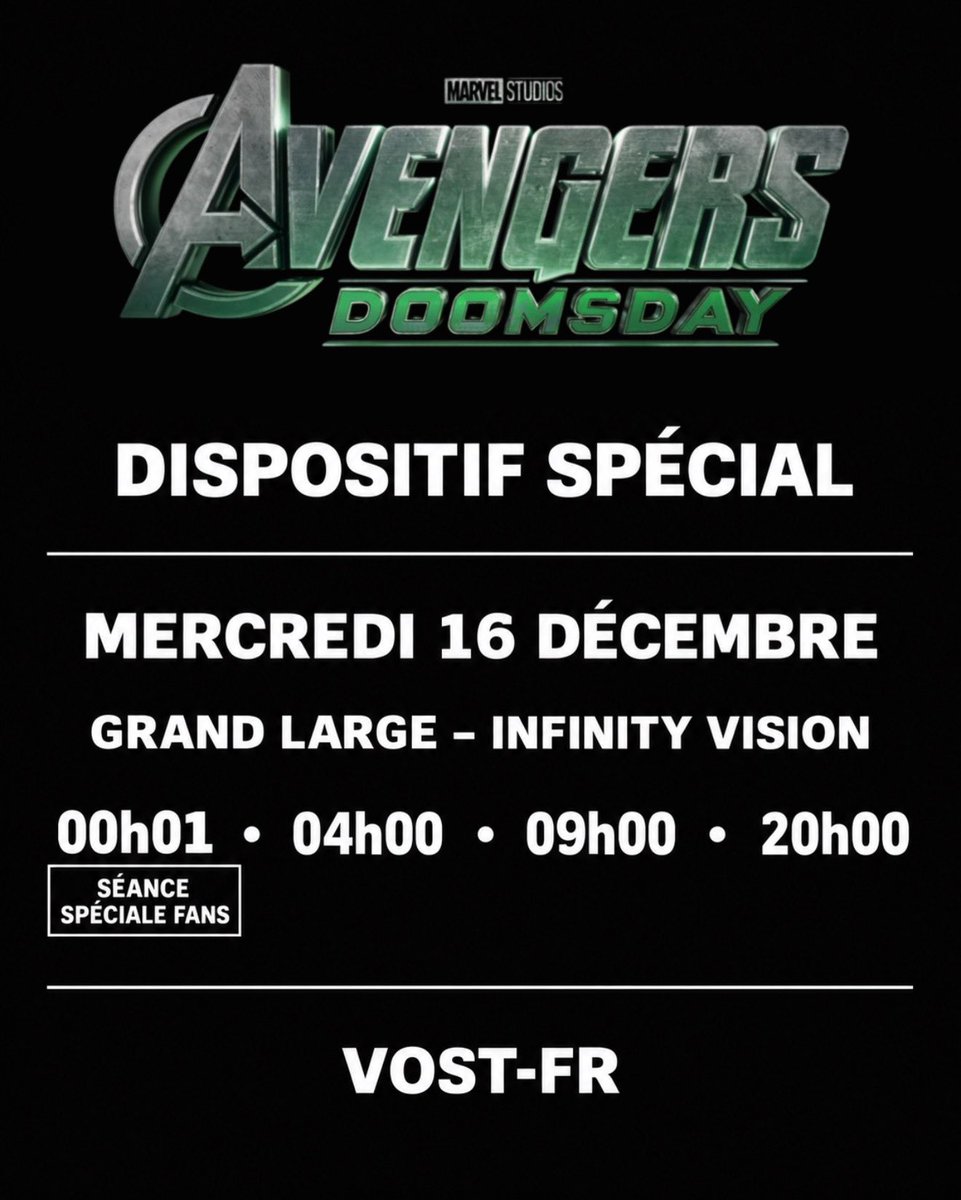 LeGrandRex's tweet photo. Parce qu’on déteste tous les spoilers, le #GrandRex met en place un dispositif spécial pour #AvengersDoomsday : deux séances supplémentaires en #GrandLarge à 4h et à 9h, pour découvrir le film parmi les premiers ! 💚
⏰ Rendez-vous à 9h aujourd’hui pour réserver vos places.
Billetterie ➡️ https://t.co/HNB7Bq7uSG
VIP ➡️ https://t.co/C18k6vryuS
