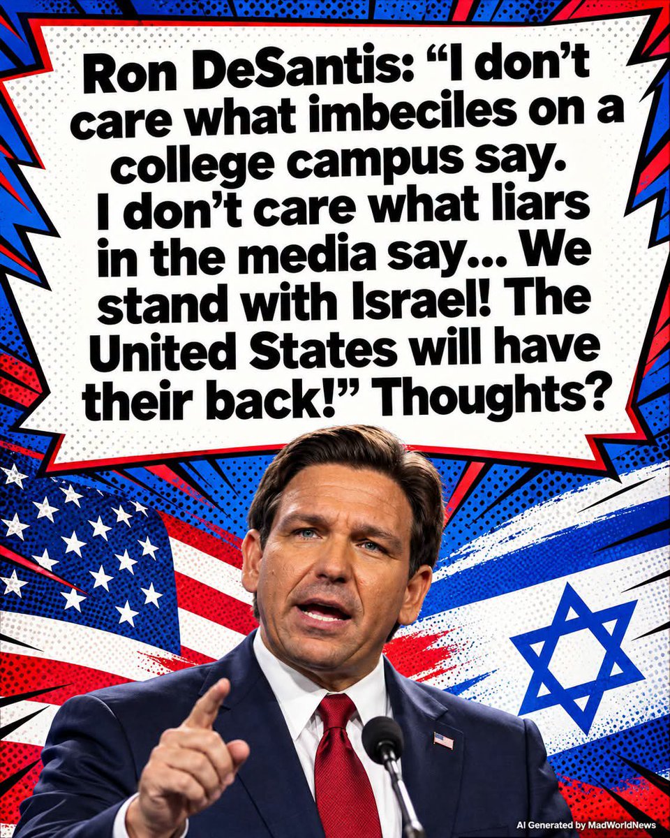 AlisonTyle2c's tweet photo. When was the last time you heard a leader say it this straight? 🇺🇸🇮🇱

Gov. Ron DeSantis just made it crystal clear — he doesn’t care what the imbeciles on college campuses say or what liars in the media spin. America stands with Israel and the United States will have their back. https://t.co/QkPhulr6eZ