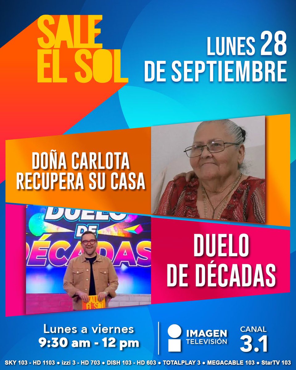 saleelsoltv's tweet photo. ¡Arranca la semana con nosotros en #SaleElSol! 🤩☀️💃🏻🕺🏻
¡Recuerda que te esperamos de 9:30 a.m. a 12 del día por el 3.1 de @imagentvmex! 📺 https://t.co/iEJ6Yiepw4