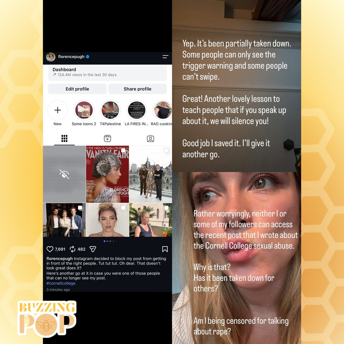 BuzzingPop's tweet photo. Florence Pugh calls out Instagram for blocking her post calling for seven Cornell fraternity members to be held accountable for sexual assault:

“Great! Another lovely lesson to teach people that if you speak up about it, we will silence you! Good job I saved it. I’ll give it another go.”