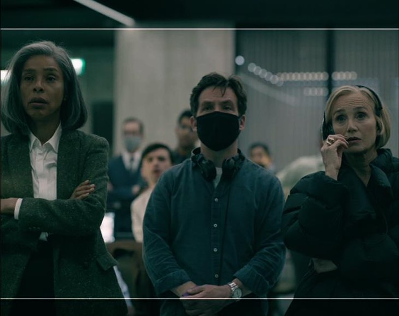 jamison_lan6wty's tweet photo. Hardly a rose between two. At the MI5 set at The Park with Sophie Okonedo and Kristin Scott Thomas, reviewing images of the season one hub design. That’s me in the center wearing the mask. https://t.co/PMYe45yTck