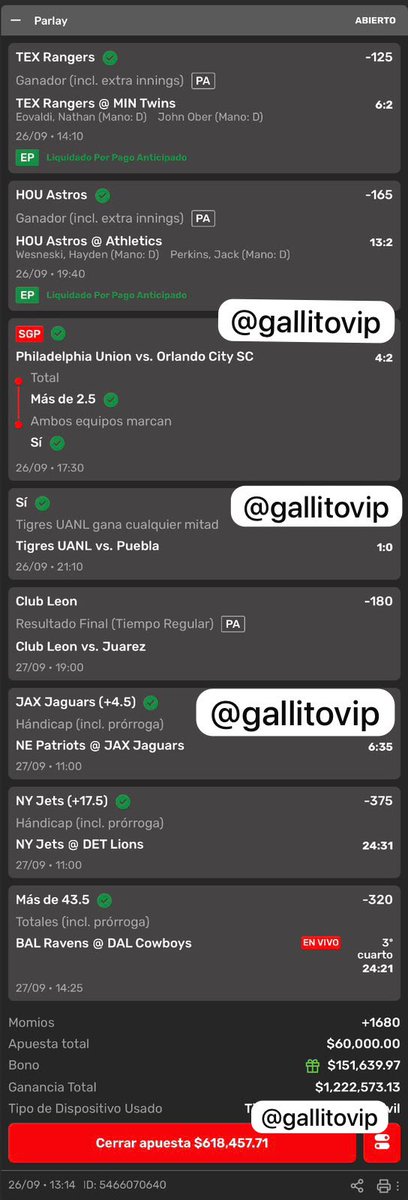 GallitoVip's tweet photo. DE MANO DEL @clubleonfc POR LA HISTORIA DE GANAR 1,222,573 🤯

VOY A REGALAR 100,000 SI GANO ESTE PARLEY ENTRE TODA LA GENTE QUE DE RT Y ❤️

Grupo gratis de Picks 👇🏻
https://t.co/7XA3HXJEjg https://t.co/0kTkUPnfb8