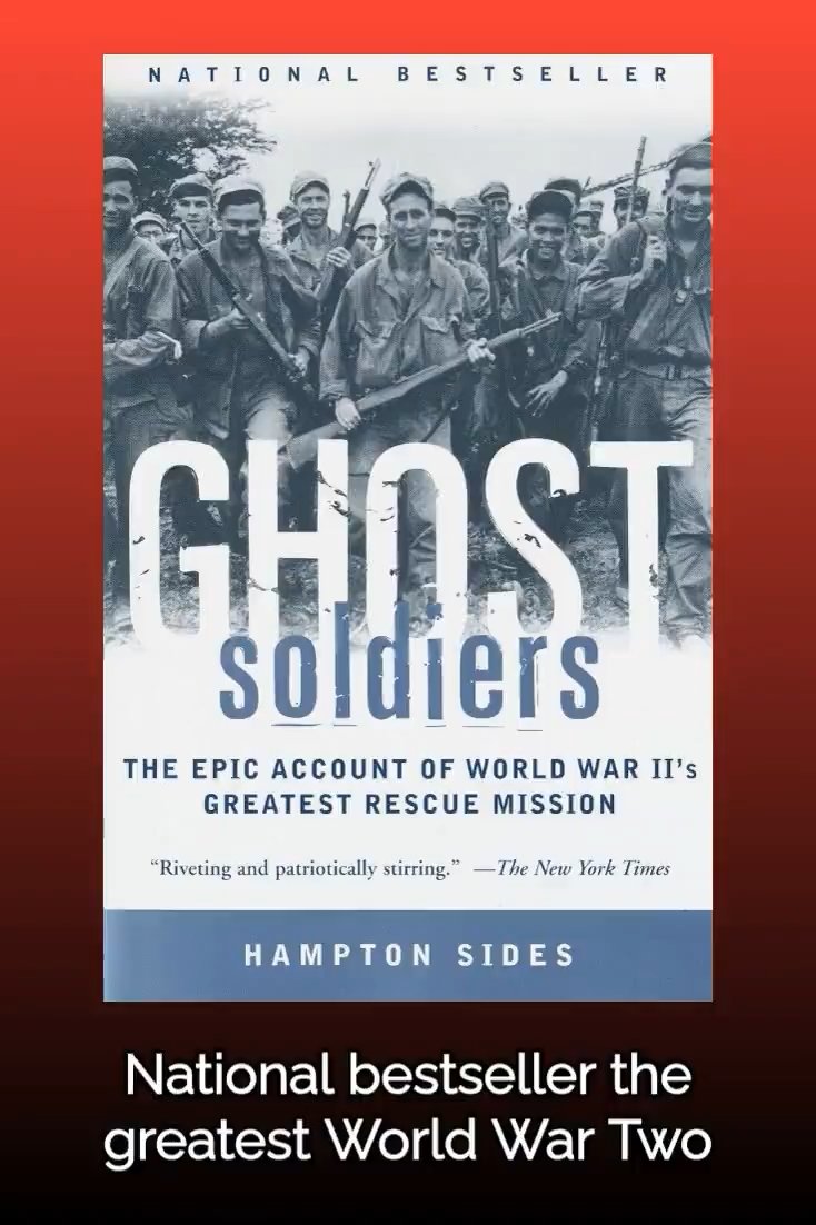Book cover for 'Ghost Soldiers: The Epic Account of World War II's Greatest Rescue Mission' by Hampton Sides, marked as a National Bestseller with a New York Times quote and a black-and-white photo of soldiers.