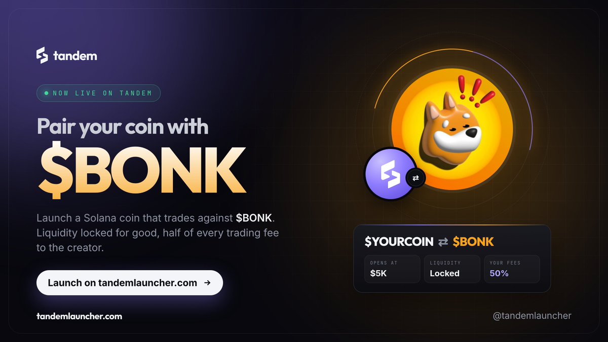 tandemlauncher's tweet photo. $BONK is now live as a partner token on Tandem 

Pair your coin with $BONK in 3 signatures.

https://t.co/9auycBFVwx https://t.co/nAkTEeiz1n