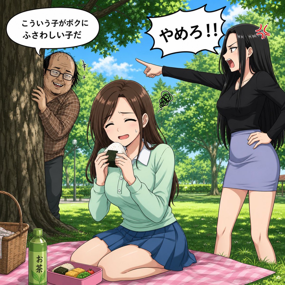 feminist_tokyo's tweet photo. ああ、単に私怨で「たのピク」を擁護してる男性を馬鹿にしたかっただけですか。

まぁそうですよね。
「男はハゲデブメガネの超キモい感じに」
「おにぎり食べてる子はミニスカートの美少女に変えて、迷惑してる感じに」
とでもプロンプト書かないと、こうはなりませんものね（溜息）。 https://t.co/x1nxGbuAgM