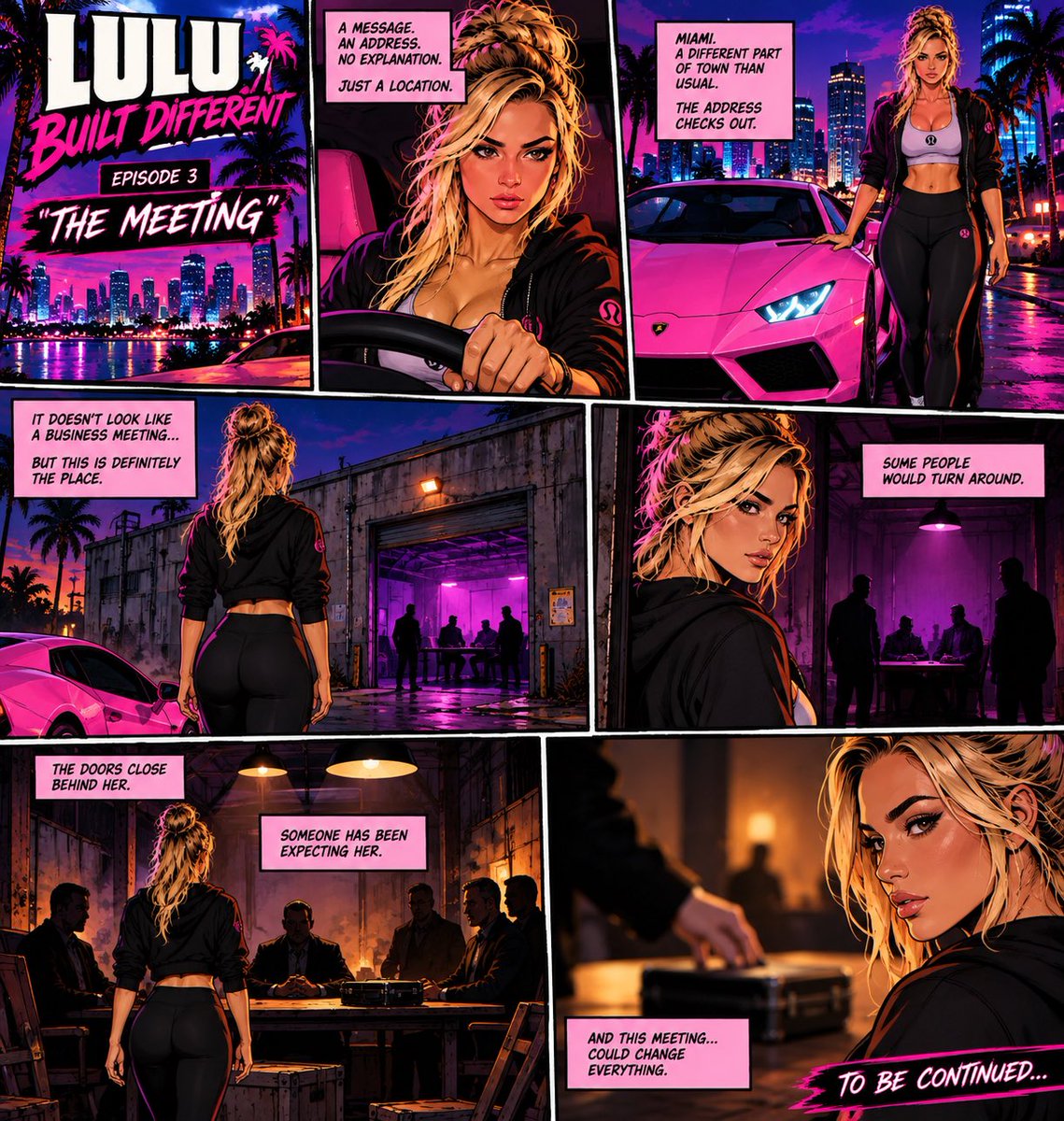BUNZonHOOD's tweet photo. LULU: BUILT DIFFERENT 💗

#3 - “The Meeting”

The mysterious caller from #2 sends Lulu an address.

No company name.
No explanation.
Just a location.

The next night, Lulu pulls up in her pink Lamborghini to an industrial part of Miami. Neon lights spill across the pavement, and the building looks more like an abandoned warehouse than somewhere you’d hold a business meeting.

She checks the address on her phone.

This is definitely the place.

Lulu steps out of the Lamborghini and looks toward the entrance. Through the open doorway, she can see several silhouettes waiting inside.

Most people would turn around.

Lulu gives a slight grin and walks in.

Inside, the atmosphere changes. The doors close behind her.

Someone has been expecting her.