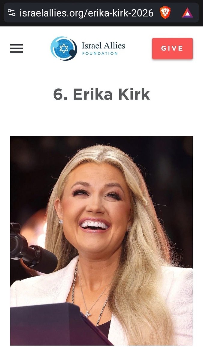 JohPersso's tweet photo. This is a list of Israel's Top 50 Christian Allies 2026.

Published by the Israel Allies Foundation.

And number 6 goes to?
Erika Kirk.

Full list here: 
https://t.co/lBtiZqLFtL https://t.co/oyXa2J2Xmi