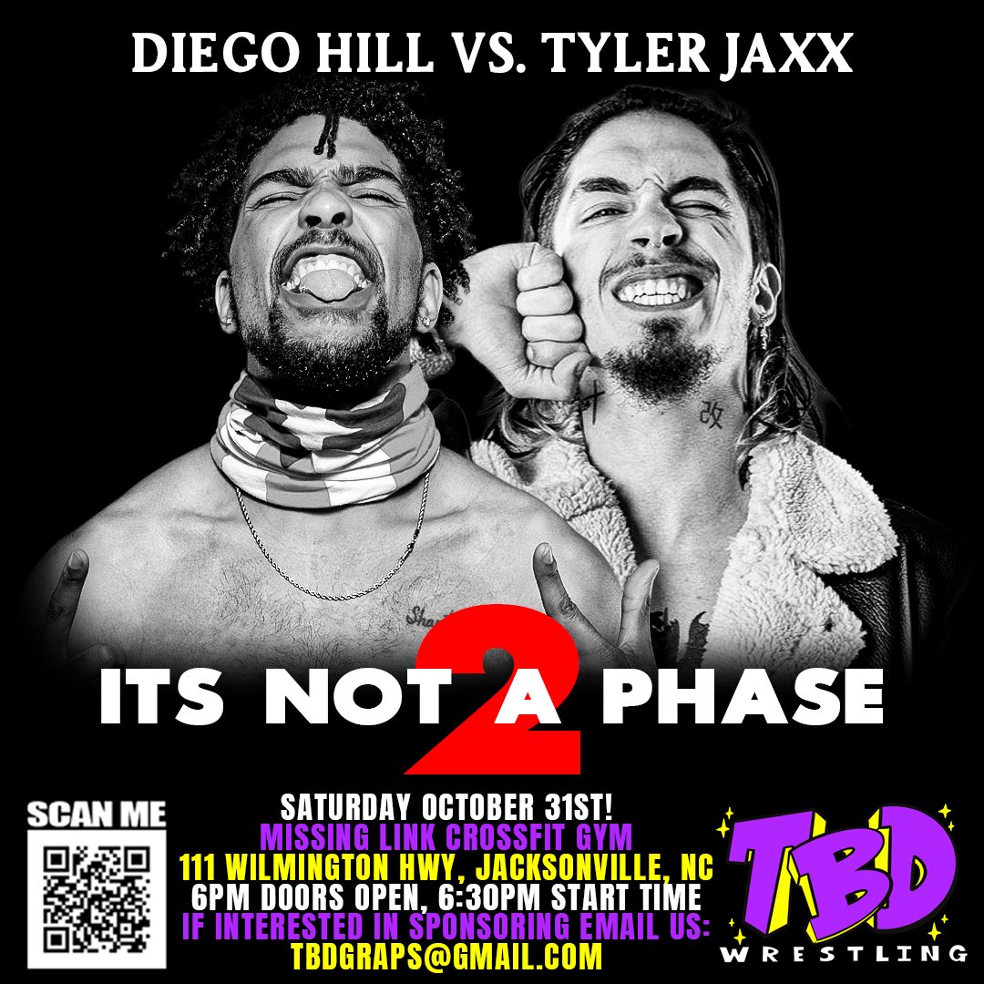TBDGraps's tweet photo. 🚨 MATCH ANNOUNCEMENT! 🚨
TBD Wrestling is the land of opportunity and challenges for talent on the rise. Welcome to the deep end of the pool, @Jaxx_Wrestling.
On October 31st, we'll see the return of one of TBD's favorites, the DIVEBOMB @imdiegohill! Last time we saw Diego in a TBD ring, he took another young gun on the roster to their limits in the form of KJ Valentine. At IT'S NOT A PHASE 2, we'll see Diego look to do the same against a fellow @GoonSquadPW member!
It's without question that Tyler Jaxx has become one of the TBDeities fan favorites since arriving at TBD Wrestling. However, he's still searching for that first singles victory in his TBD career. If he can manage to pull off the upset and defeat one of the greatest high flyers of his generation in the form of the DIVEBOMB, the sky is the limit for Tyler Jaxx.
DIVEBOMB vs. HOLLYWOOD VAMPIRE.
TBD Wrestling Presents:
IT'S NOT A PHASE 2
Saturday, October 31st, 2026!
Jacksonville, North Carolina
Tickets On Sale Now!: Link In Bio!