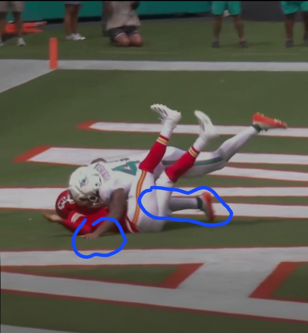 Miamifan113's tweet photo. @SBTragic13 @OmarKelly Hand and knee on the turf at time the qb is hitting the ground. He cant defy physics. He is still falling to the ground but he definitely laid off and disnt apply all his weight. Bad call but its Mahomes. What you going to do. https://t.co/4tSYCR0sa7