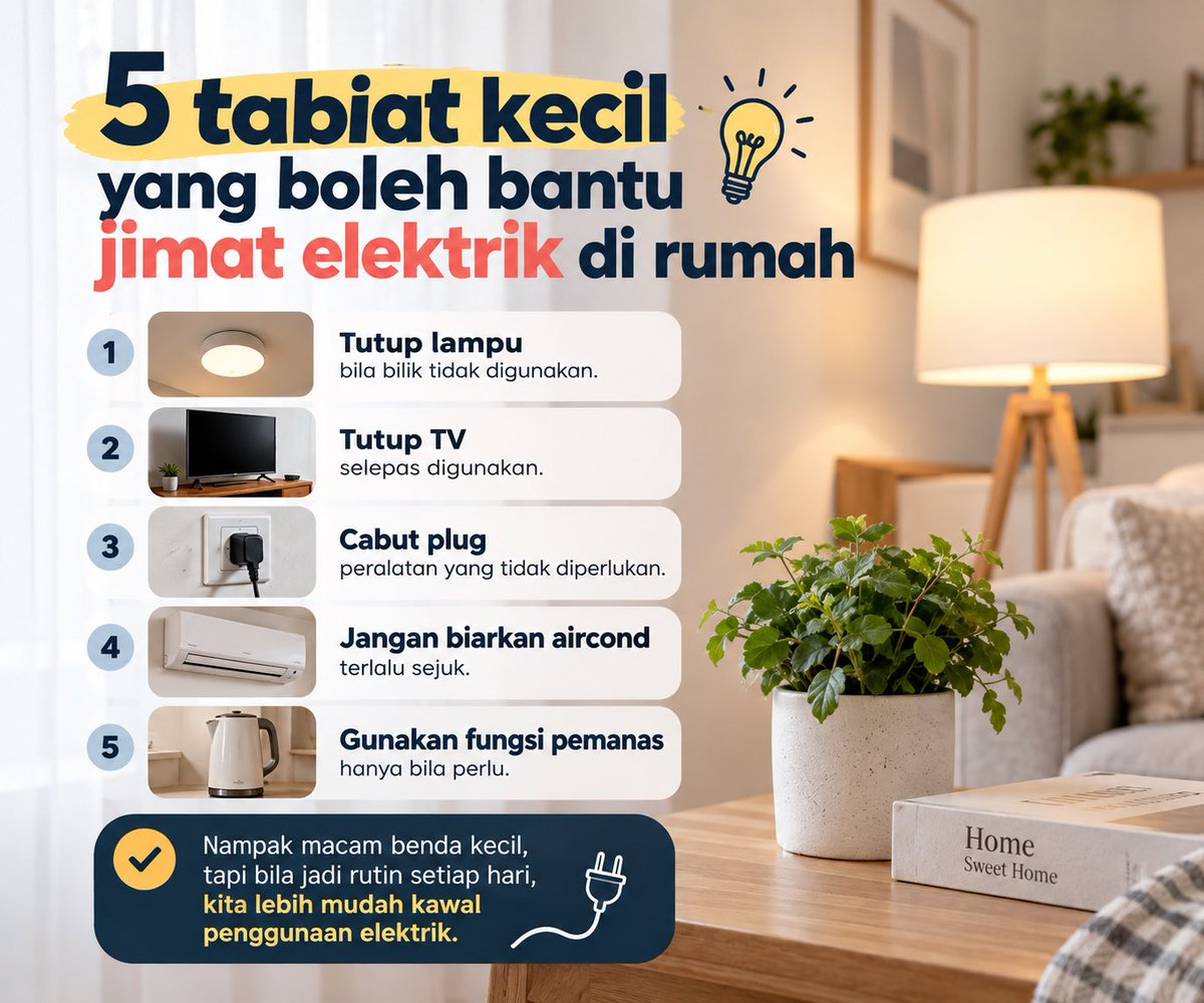 fzra__'s tweet photo. Morning reminder ⚡

Sebelum keluar rumah:

💡 Lampu? OFF
❄️ Aircond? OFF
📺 TV? OFF
🔌 Barang tak guna? Check plug

4 benda kecil yang ramai terlepas pandang. https://t.co/8xkPF8DiiL