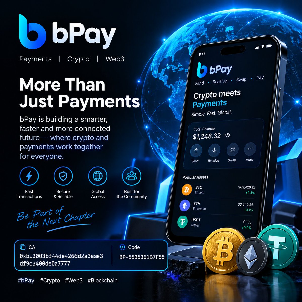 Aleeyuhaedar2's tweet photo. bPay is building around the intersection of payments and crypto. 🚀
CA: oxb13003bf44de426dd2a3aae3df9c3400de0a7777
Code: BP-5535361B7F55
#bPay #Crypto #Web3 https://t.co/8PHJIszzL0