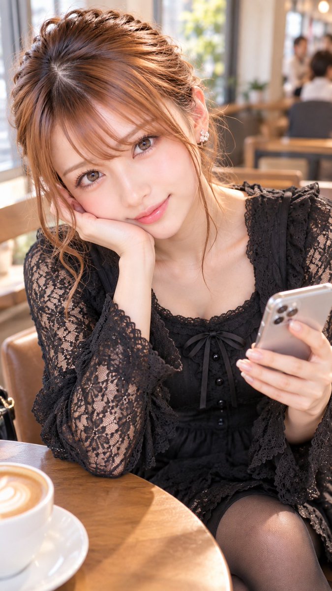 AIirot's tweet photo. 「朝のカフェって落ち着く☕️ 今日はお仕事です。」
朝陽が黒レースを撫で、微笑みがカフェに一輪の花を咲かせる。
#AI美女　#AIイラスト https://t.co/lb3bFP6dF4