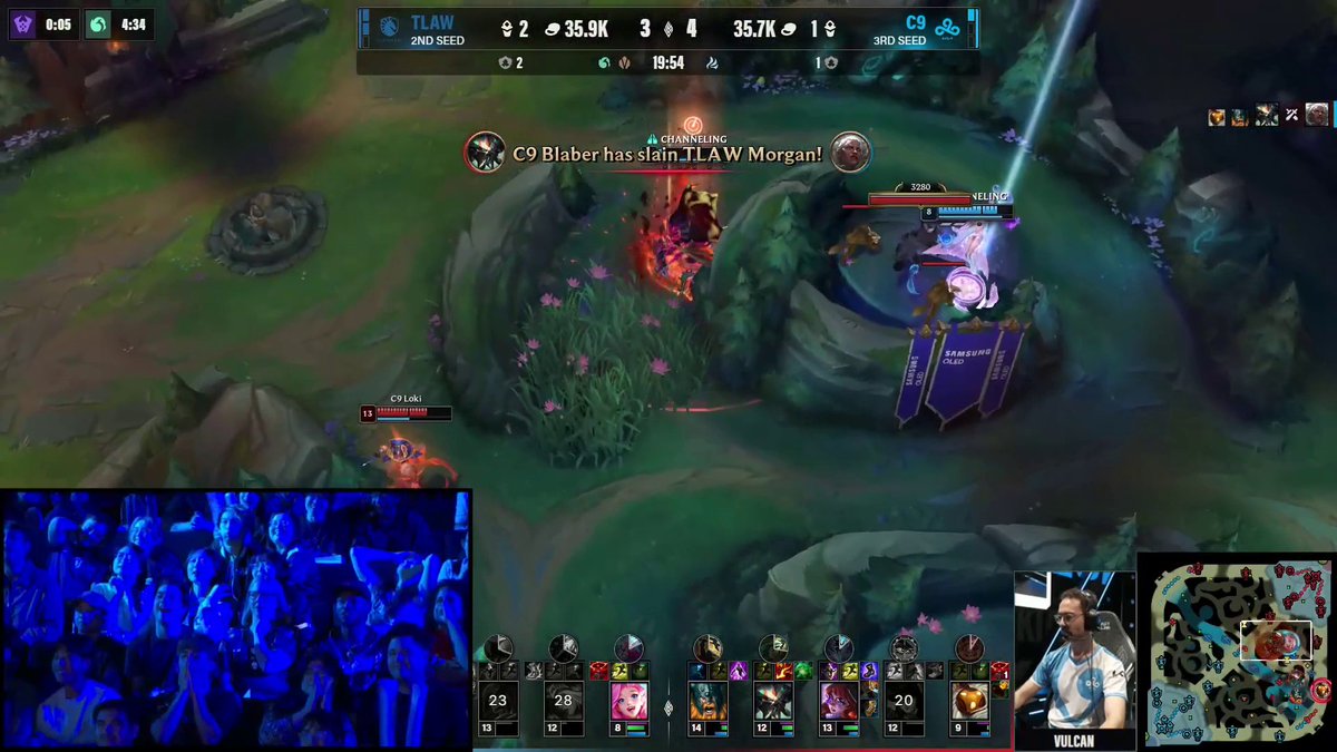 A League of Legends esports broadcast shows C9 Blaber slaying TLAW Morgan during a fight at the Dragon pit, with C9 holding a narrow 35.7K to 35.9K gold lead at 19:54 in game four of a match between TLAW and C9, matching the post's description of a Dragon teamfight won by Cloud9 Kia.
