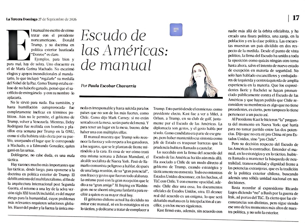cleporati's tweet photo. En política, la máxima de responder a la fuerza con fuerza se sustenta en la lógica del poder y la disuasión, bien lo sabía Lagos al oponerse Bush o Mamdani a Trump; los de estilo arrastrado, como Machado o Kast, no funcionan con líderes como Trump, q solo respeta a los q lo miran de frente y a los ojos.