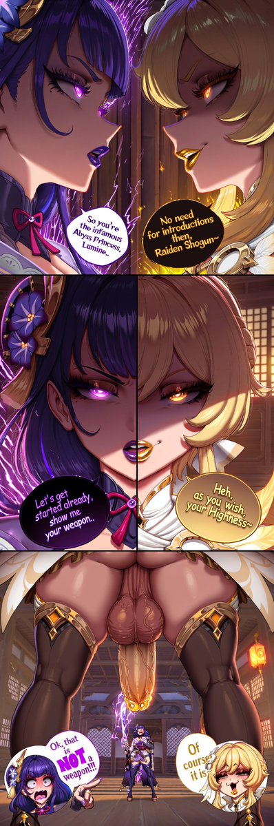 Renzen_Ai's tweet photo. Abyss Princess Lumine vs. Raiden Shogun.. A truly legendary battle~

(might turn this into a genshin series with futa Lumine, lemme know what u think >:3) https://t.co/n9QzMoXMDr