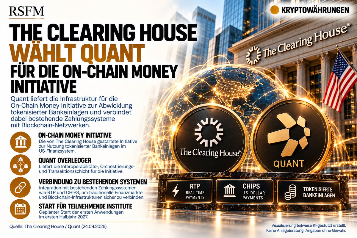 RSFM_Official's tweet photo. ◉ THE CLEARING HOUSE WÄHLT QUANT FÜR DIE ON-CHAIN MONEY INITIATIVE

Eine der wichtigsten Zahlungsinfrastrukturen der USA setzt bei der nächsten Generation tokenisierter Bankeinlagen auf Quant.

The Clearing House hat Quant ausgewählt, um die technologische Infrastruktur für seine On-Chain Money Initiative bereitzustellen.

Das Ziel: Tokenisierte Bankeinlagen sollen innerhalb einer gemeinsamen Infrastruktur übertragen und mit bestehenden Zahlungssystemen verbunden werden können.

Was übernimmt Quant?

▪ Quant stellt die Interoperabilitäts-, Orchestrierungs- und Transaktionsschicht für die Initiative bereit.

▪ Die Infrastruktur soll Blockchain-Netzwerke mit bestehenden Zahlungssystemen von The Clearing House verbinden.

▪ Dazu gehören RTP, das Echtzeit-Zahlungsnetzwerk von The Clearing House, sowie CHIPS, eines der bedeutendsten Systeme für großvolumige US-Dollar-Zahlungen.

▪ Die ersten Anwendungen für teilnehmende Finanzinstitute sind für das erste Halbjahr 2027 vorgesehen.

Warum ist diese Entwicklung relevant?

Banken experimentieren zunehmend mit tokenisierten Einlagen. Damit diese jedoch außerhalb isolierter Blockchain-Systeme funktionieren können, müssen neue DLT-Infrastrukturen mit bestehenden Zahlungs- und Abwicklungssystemen interoperabel werden.

Genau an dieser Schnittstelle positioniert sich Quant.

Besonders relevant ist deshalb nicht nur die Blockchain-Komponente, sondern die geplante Verbindung zwischen tokenisiertem Geld und bereits etablierter US-Finanzmarktinfrastruktur.

Wichtig: Die Auswahl von Quant bedeutet nicht automatisch eine direkte Nachfrage nach dem QNT-Token. Entscheidend wird sein, welche Rolle QNT innerhalb der produktiven Infrastruktur tatsächlich spielt und in welchem Umfang Banken die On-Chain Money Initiative ab 2027 nutzen.

Für unsere Analyse werden daher vor allem drei Punkte interessant:

Die Zahl der teilnehmenden Finanzinstitute, das tatsächliche Transaktionsvolumen und die konkrete wirtschaftliche Rolle von QNT innerhalb der Infrastruktur.

The Clearing House × Quant ist damit ein weiterer konkreter Schritt bei der Verbindung traditioneller Bankeninfrastruktur mit tokenisierten Finanzmärkten.

#Quant #QNT #Tokenisierung