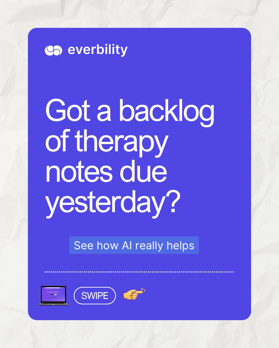 everbility's tweet photo. Got a backlog of notes sitting there that is due ... yesterday?

Swipe to see how therapists are catching up faster with AI https://t.co/YGhf1eBr0D