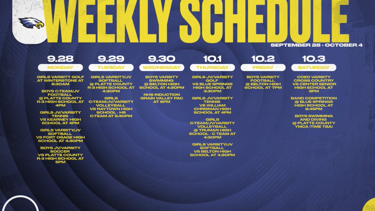 GVHSActivities's tweet photo. Weekly Schedule 9.28-10.3
#GVHS #ONEVALLEY https://t.co/hqsx9vs4v6