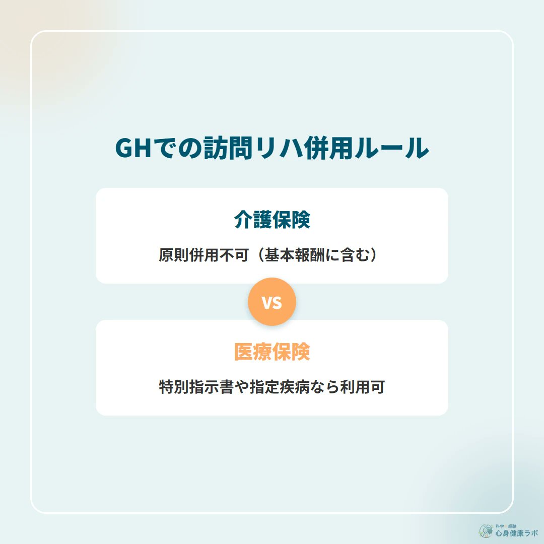 ptthinking's tweet photo. グループホーム入居者への介護保険の訪問リハは、原則併用できません。基本報酬に機能訓練が含まれるためです。

ただし特別訪問看護指示書の交付や厚労大臣指定の疾病など、医療保険での例外もあります。線引きの整理が大切ですね。
#訪問リハ https://t.co/b82ZtLYhd0