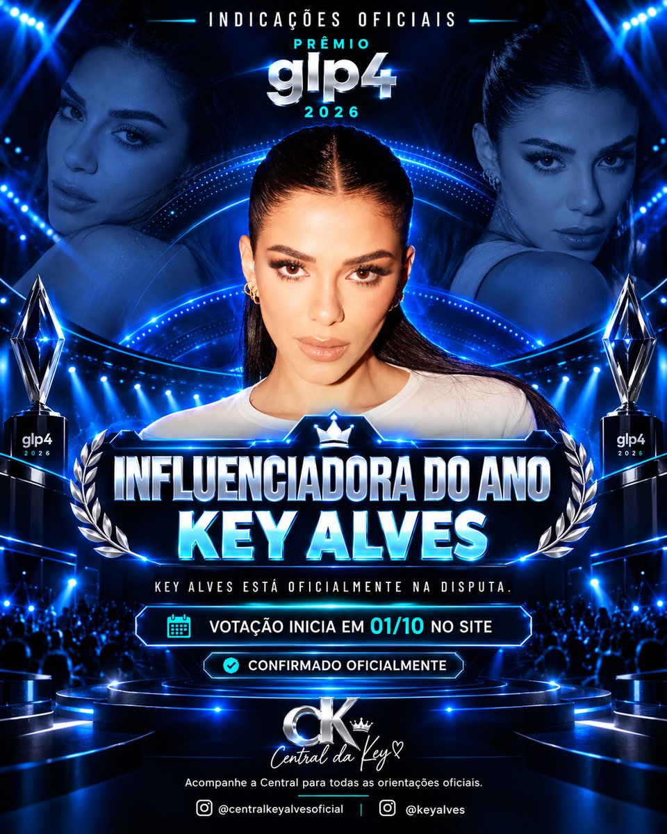 Central_Da_Key's tweet photo. ✨ CONFIRMADO OFICIALMENTE | GLP4 2026

Key Alves está na disputa por Influenciadora do Ano e os Chaveirinhos por Fandom do Ano. 💙

A votação começa em 01/10. Duas categorias, uma mesma força.

#KeyAlves #PremioGLP4 #Chaveirinhos https://t.co/XplNCSY1qp