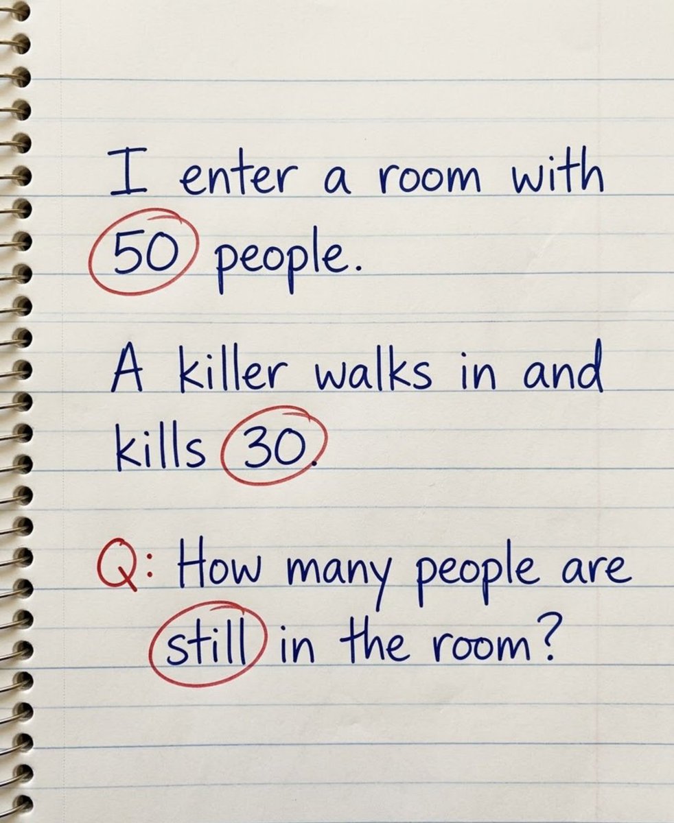 Knightley_22's tweet photo. How many people are still in the room ?👀

Solve honestly in 30 seconds...!!! https://t.co/9ySPHjokj7
