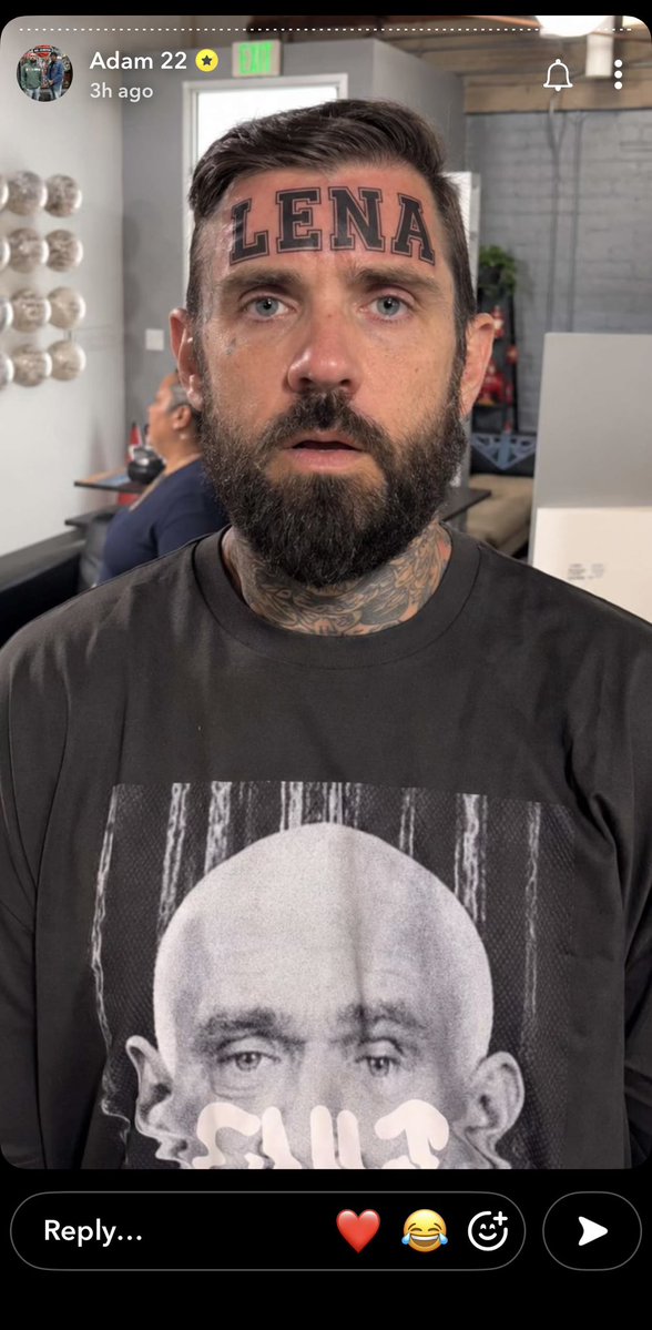 halorunsthis's tweet photo. Adam22 posted a new picture on his Snapchat story of himself getting a tattoo of Lena the plug on his forehead, in an attempt to convince her not to go through with the divorce. 😭💀 https://t.co/4lhDUcAcqg