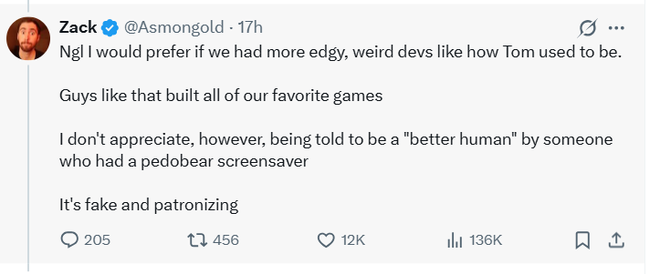 DesMephisto's tweet photo. "guys like that" grew up and became better people.   

The grown ups are still making games I love, while you're actively worsening them. 

For all the edge of early 2000, it pales in comparison to the filth you continue to choose to usher in. https://t.co/u4skSmerFz