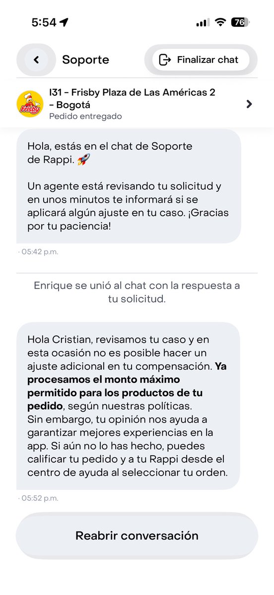 CRinconL's tweet photo. Y la solución de @RappiColombia es está y ya no dejan quejarse más
En soporte ni tampoco abrir un chat, que les pasa!? Descarados @frisbylohace y acá Frisby que solucionan. https://t.co/mHaTPtqIA1