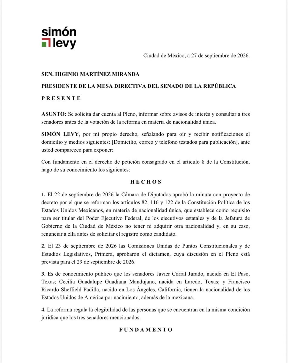 SimonLevyMx's tweet photo. Ejerzo mi derecho de petición como mexicano dirigido al presidente de la mesa directiva del @senadomexicano a @higinio_mtz :
Solicito con base en el artículo 10 numeral 1, fracción VII  del reglamento del Senado mexicano, se excusen de la votación los siguientes senadores por tener interés personal, doble interés nacional al ser estadounidenses.