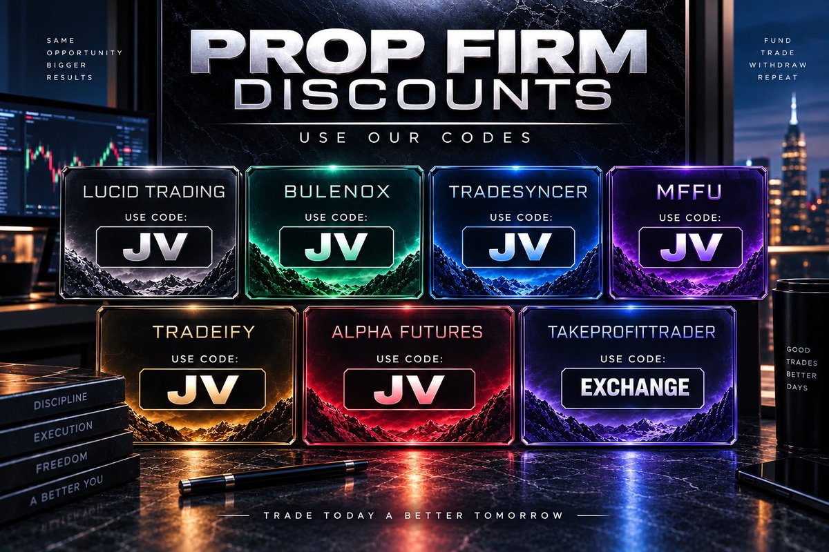 ExchangeVault's tweet photo. If you’re serious about getting funded, don’t overpay. 

We’ve partnered with top firms to get you exclusive discounts: 

Best Firms:
@TakeProfitLLC - Code: EXCHANGE
@TradingLucid - Code: JV
@bulenoxofficial - Code: JV
@Tradeify - Code: JV
@Alpha_Futures_ - Code: JV
@MyFundedFutures -Code: JV

Best Trading Copier:
@Tradesyncer - Code: JV

Lock in the insane discounts. 🤯