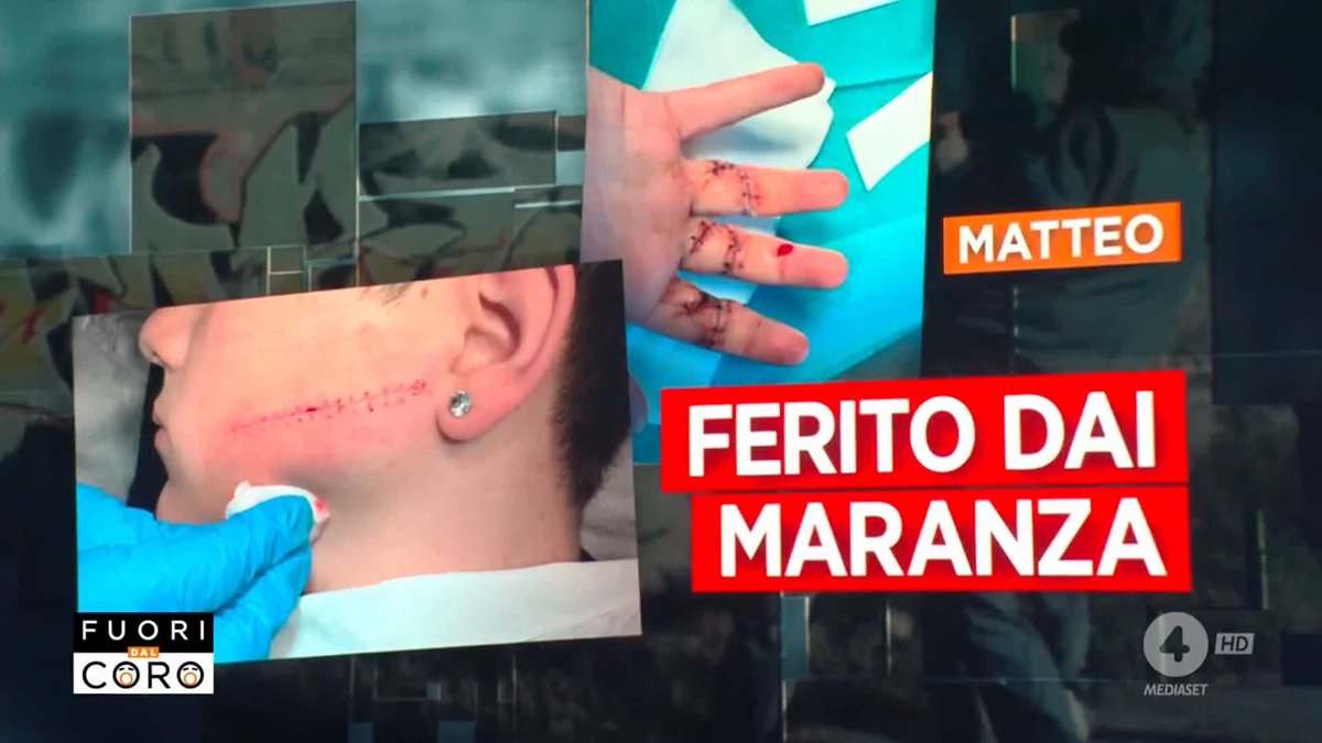 An Italian TV news graphic from Fuori dal Coro (Mediaset) reads 'MATTEO FERITO DAI MARANZA,' showing photos of a young man with cuts on his face/neck and a bloody hand, apparently injured by 'maranza' youths.