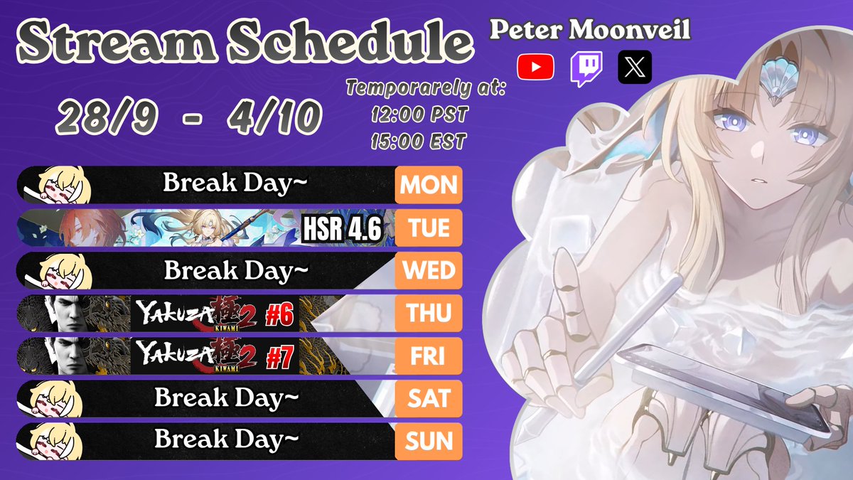 PeterMoonveil's tweet photo. Hello again!
I heard HSR 4.6 will last around 2hrs~ so hopefully i can finish it in one day, otherwise ill try and fit it Wednesday if i can.
More Yakuza too.
NTE comes out this week to but ill leave it for the other week since there's nothing new then
#HonkaiStarRail #Vtuber https://t.co/mhCY2f3vVf