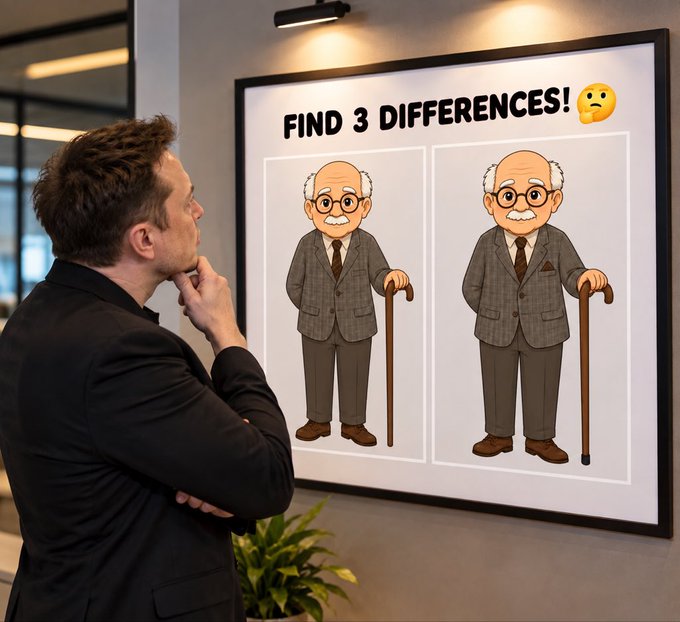 A man in a black suit stands contemplating a 'Find 3 Differences!' puzzle displaying two nearly identical cartoon illustrations of an elderly man with a cane.