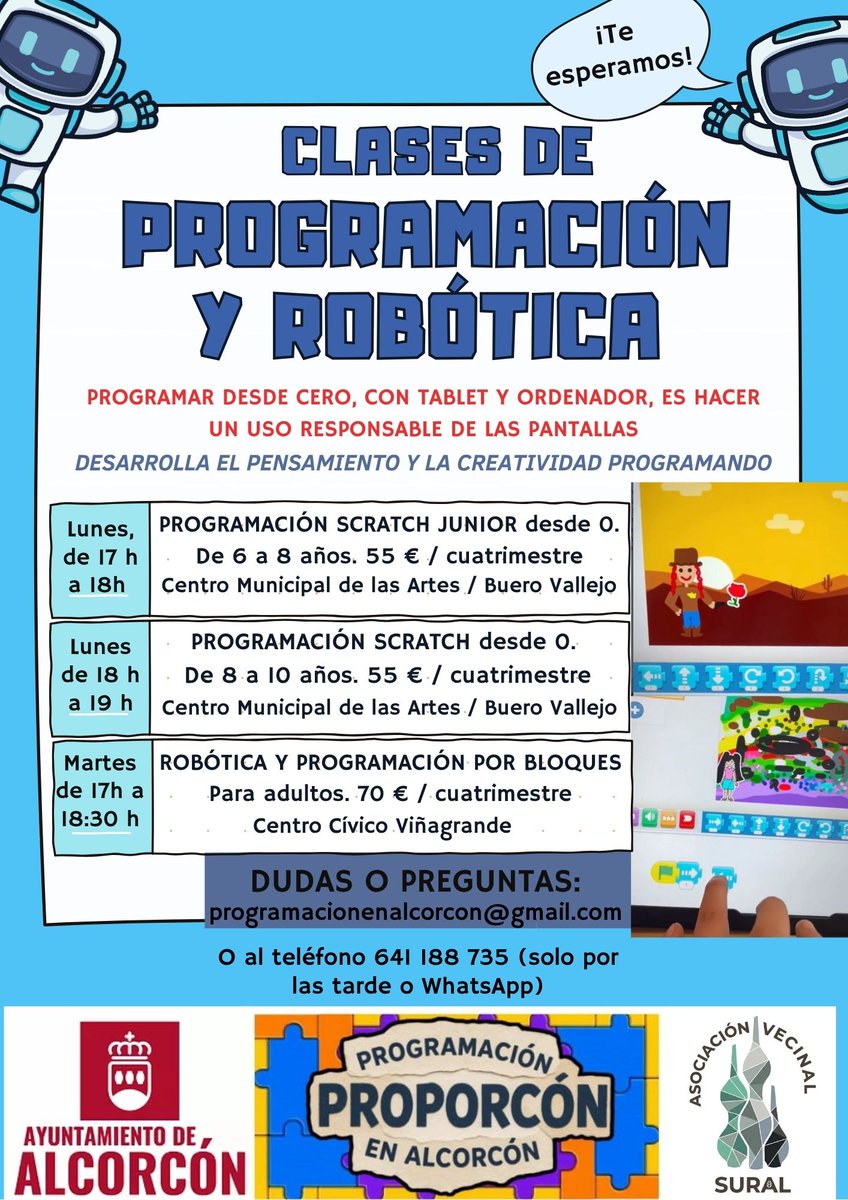 AVVSural's tweet photo. Quedan plazas en el curso de programación y robótica. Cursos para niñ@s y adultos. Más información en cartel adjunto, ¡gracias! #Alcorcon #programacion #robotica https://t.co/rUL1V2OHKk