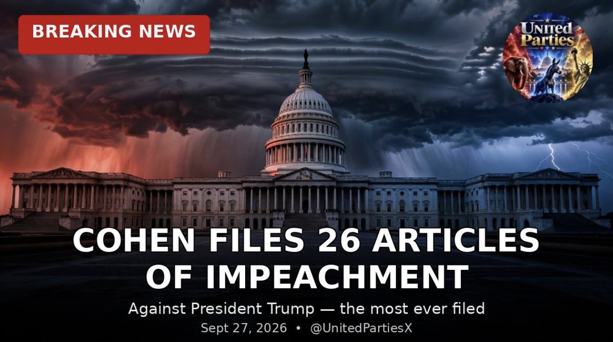 UnitedPartiesX's tweet photo. 🚨 BREAKING: Rep. Steve Cohen (D-TN) just filed **26 articles of impeachment** against President Trump — the most ever.
No path in the GOP House. Cohen calls it a roadmap for the next Congress.
Accountability or theater? 👇
#Trump #Impeachment #BreakingNews https://t.co/4wsZw6vkHZ
