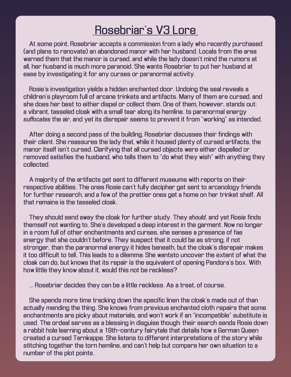 _TotallyADuck_'s tweet photo. Took me a bit longer than I thought but here are some lore/design notes for Rosebriar's V3 reference :D

(Also the fairytale mentioned doesn't exist, but it may in the future. I don't know yet LMAO)

#Nethersona
Wait actually how do tags work with qrts- https://t.co/wMF4jn9KJO
