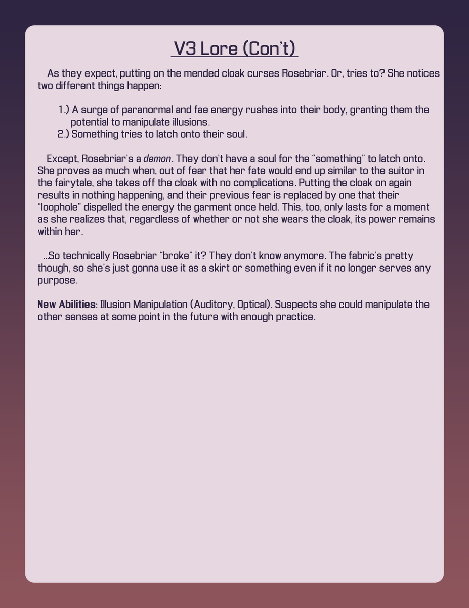 _TotallyADuck_'s tweet photo. Took me a bit longer than I thought but here are some lore/design notes for Rosebriar's V3 reference :D

(Also the fairytale mentioned doesn't exist, but it may in the future. I don't know yet LMAO)

#Nethersona
Wait actually how do tags work with qrts- https://t.co/wMF4jn9KJO