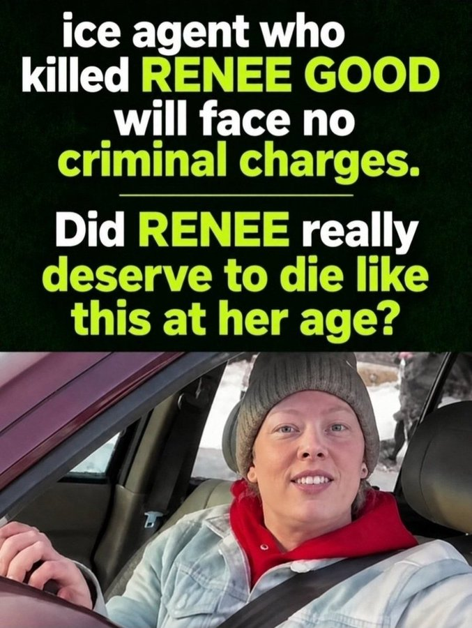 Karina318FF's tweet photo. ICE agent who shot Renee Good faces no criminal charges.
She was 37, a mother of three.
Officials say self-defense.
Does that answer feel complete to you? https://t.co/MJ2lC3FkWn