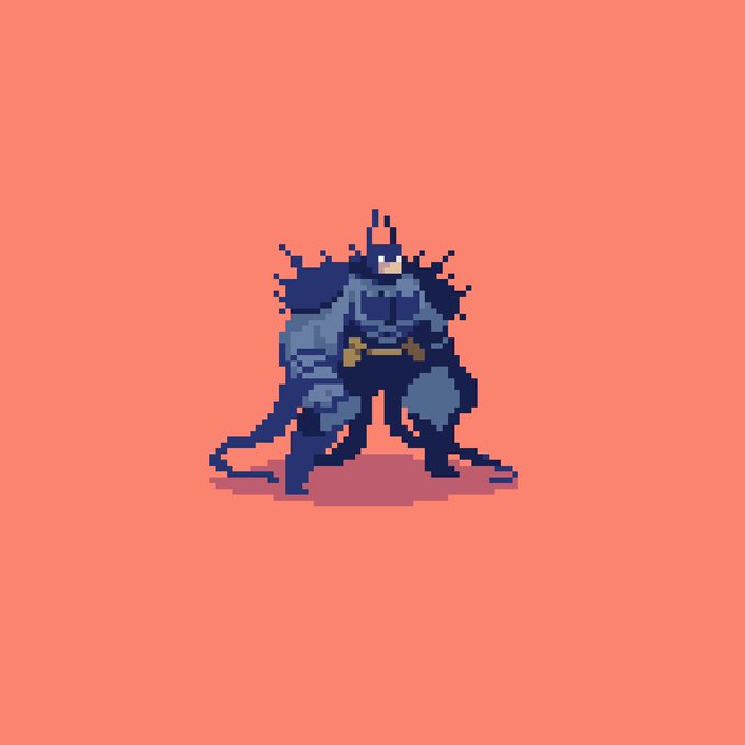 A pixel art illustration of a blue-armored, spiky-haired warrior crouching on a solid coral-red background.