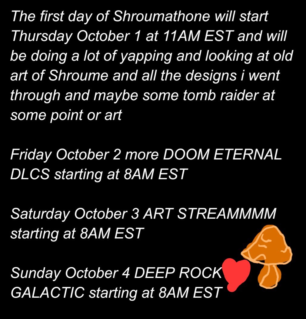 Mushroume_EN's tweet photo. Subathone Schedule for this week!!!!!!! I can't wait I'm so excited for all the chaos https://t.co/RYd7o2PZz4