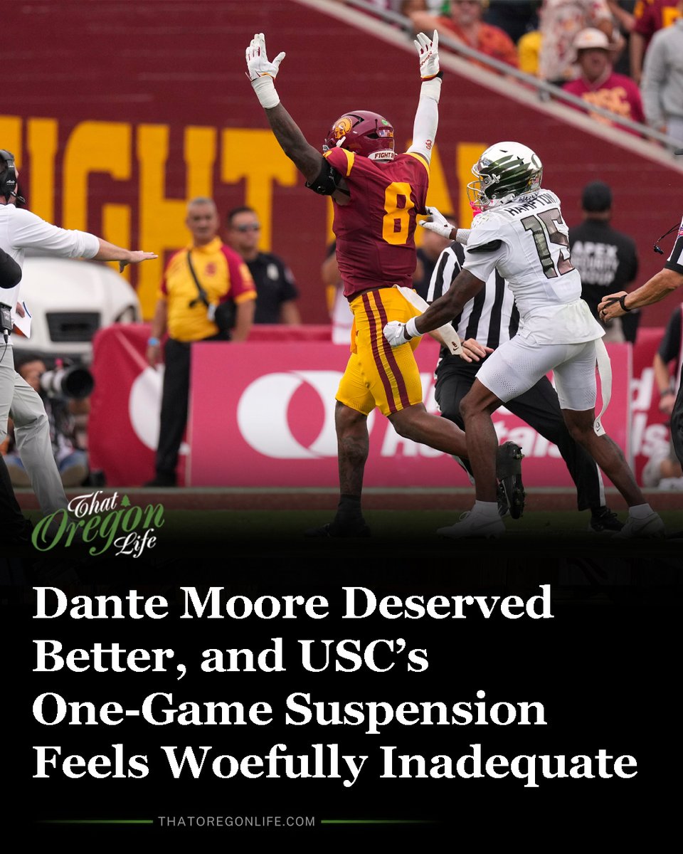 ThatOregonLife's tweet photo. Oregon earned a road win at USC, but Dante Moore’s injury and Desman Stephens II’s one-game suspension left me with little to celebrate. https://t.co/uw24eNEH5P https://t.co/P5xEdioMZv