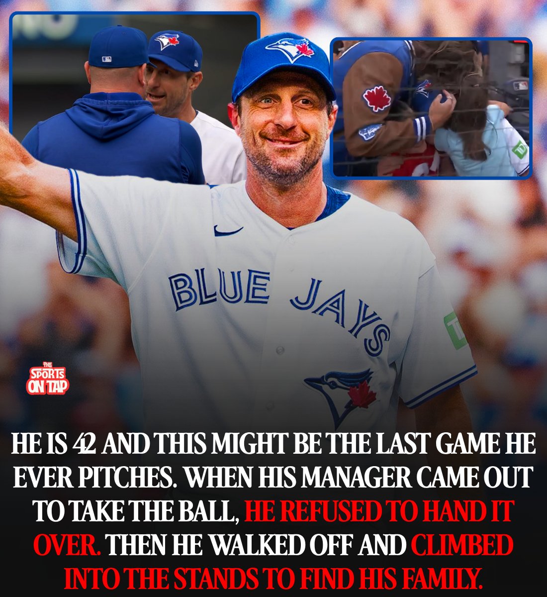 thesportsontap's tweet photo. John Schneider walked out to the mound today to take the ball from Max Scherzer.

Scherzer would not give it to him.

He stood there and refused, in front of 42,131 people, at 42 years old, in what might be the last game he ever pitches.

An inning later he finally came off.

He hugged his manager on the walk in. Then he went past the dugout, climbed up into the stands, and found his family.

That is the picture everybody is sharing tonight.

Here is what he did before it.

Seven innings. Six hits. One run. One walk. Seven strikeouts. 114 pitches.

He got the win. The Toronto Blue Jays beat the Cincinnati Reds 5-1 in the last game of the regular season.

When he first walked out to start the game, the whole building stood up. Scherzer stepped off the rubber and waved at them. They did it again when he came off.

And the part that makes it hit harder is that this was the worst year of his career. He went 3-9 with a 6.14 ERA in 17 starts. Nothing worked. He is 42 and his arm is 42.

Then he went out on the last day and gave them seven innings and would not hand over the baseball.

The career is one of the best anybody has had.

Three Cy Young Awards. 2013 in the American League, then 2016 and 2017 in the National League. Two World Series rings, with the Washington Nationals in 2019 and the Texas Rangers in 2023. More than 3,500 strikeouts.

Two no hitters, and both of them came in the same summer. In June 2015 he was one out from a perfect game against the Pittsburgh Pirates and hit a batter. In October he struck out 17 New York Mets and did not let a single one of them reach base.

There is one more thing worth knowing about this weekend.

From 2010 to 2014, Max Scherzer and Justin Verlander were the front of the same rotation in Detroit. Five years together with the Detroit Tigers, the two best arms on the same staff.

Yesterday in Detroit, Verlander made the final start of his career. His 7 year old daughter Genevieve sprinted out to the mound to take the ball from him, and he went to his knees and sobbed.

Today Scherzer would not let go of it.

Two men who threw for the same team for five years, walking off two days apart, and you could not script two more different exits.

One of them cried.

One of them fought.

And Scherzer is not saying he is done.

"We don't need to make a decision today. Get to the offseason and just see how things unfold."

Which is exactly the answer you would expect from a man who just refused to leave a mound.