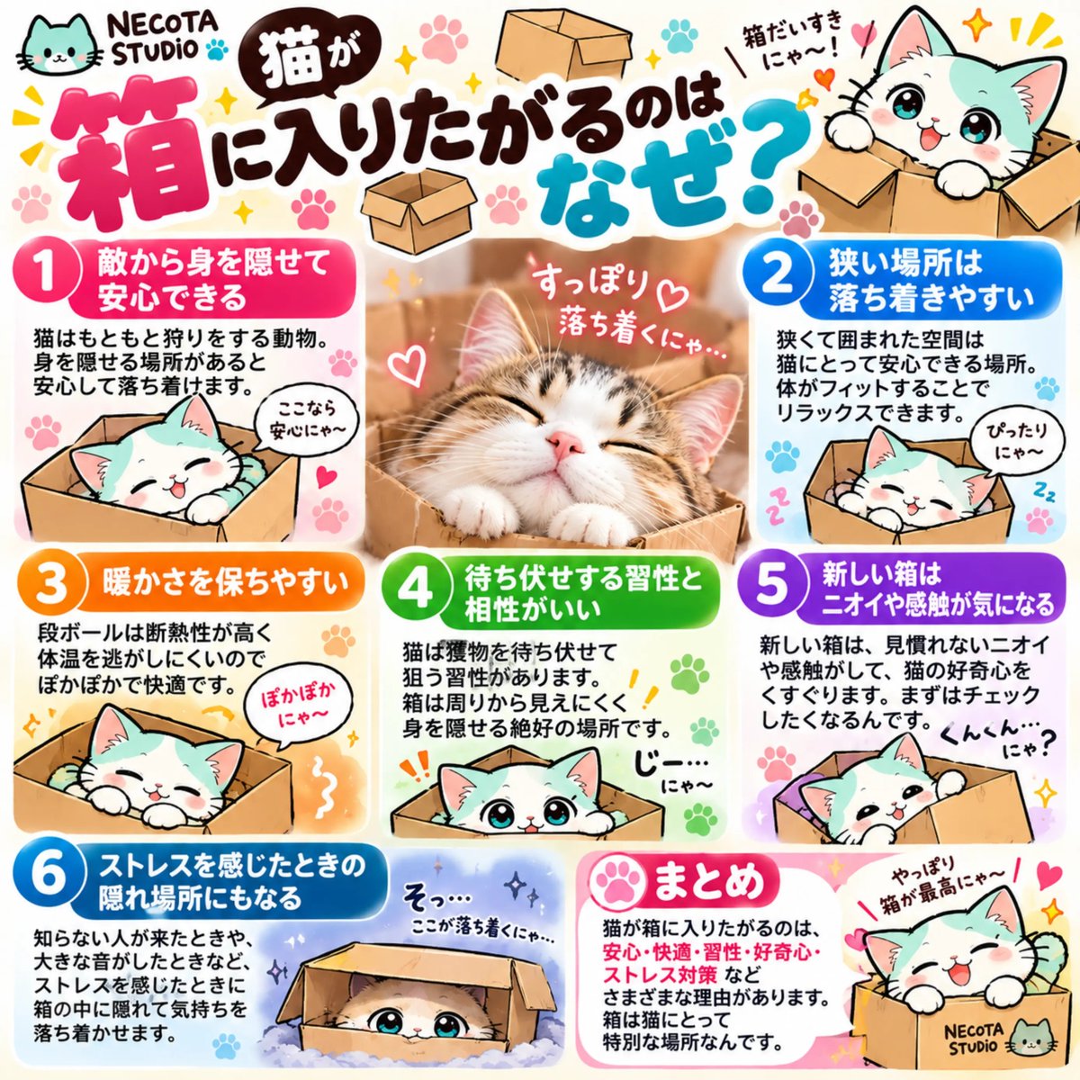 necota_studio's tweet photo. 📦🐱 猫ってなんで箱が好きなん？
買ったおもちゃより、入ってた段ボールの方がお気に入り…😂
実はこれ、猫ならではの理由があるんです。
安心できる、暖かい、隠れられる、気になるニオイをチェックできる…✨
猫にとって箱は「落ち着く秘密基地」なのかも🐾
みんなの猫ちゃんも箱に入る？📦
コメントで教えてね👇
#猫 #猫のいる暮らし #猫好き #猫あるある #猫雑学 #猫の豆知識 #猫好きさんと繋がりたい #NECOTASTUDIO