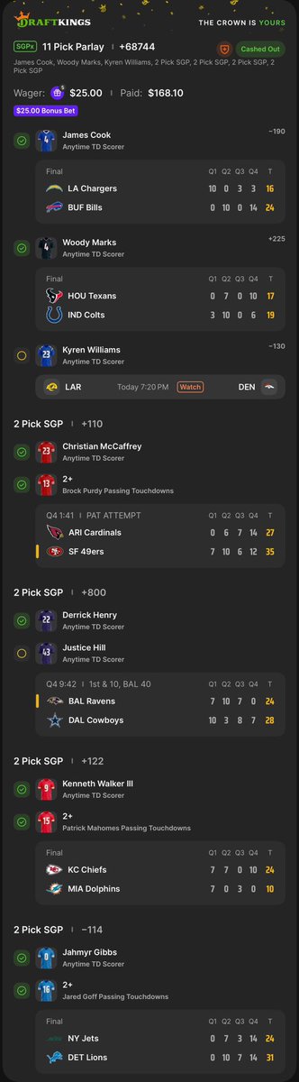 EdgeTheoryPlays's tweet photo. CASHED IT 💰😂
Hill wasn’t getting enough looks and I wasn’t about to watch this whole ticket die waiting on him.

$25 BONUS BET ➡️ $168.10 CASH 💵

Sometimes you gotta take the money and LIVE TO BET ANOTHER DAY 🧠📈
#EdgeTheory #NFLBets #sportsbettor https://t.co/TX8Ld8jPWK