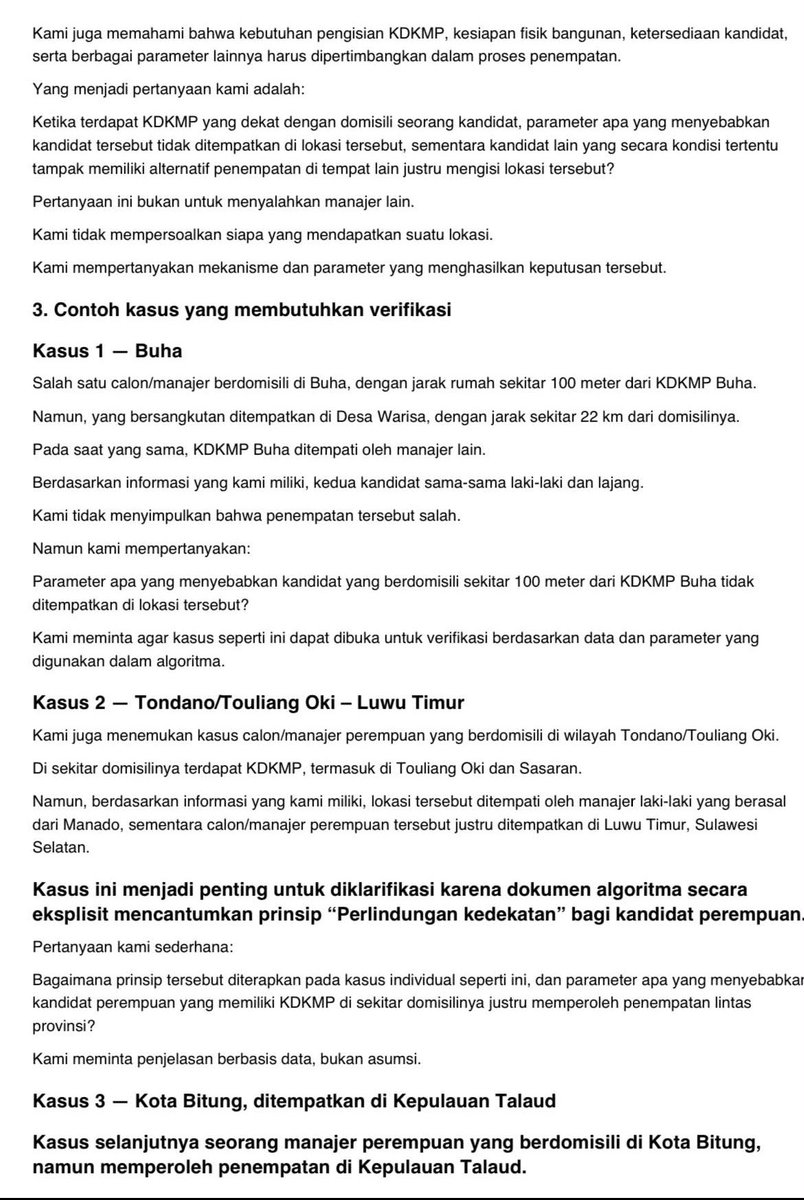 sibambaang's tweet photo. CALON/MANAJER KDKMP MENGELUARKAN PRESS RELEASE!

MEREKA MEMINTA PENINJAUAN HASIL PENEMPATAN DAN TRANSPARANSI PENERAPAN ALGORITMA

Intinya mereka ga nolak tugas, tapi minta transparansi algoritma penempatan KDKMP.

Di dokumen algoritma ada prinsip kedekatan domisili. 

Katanya prioritas buat yang berkeluarga & perempuan biar dekat domisili, hitung jarak pakai OSRM (road routing). 

Tapi ada kelompok yang mental jauh banget.

Contoh kasus:

Manajer perempuan domisili Bitung ditempatkan ke Kepulauan Talaud (masih Sulut tapi akses kepulauan jauh).

Seorang ibu berkeluarga domisili Tondano ditempatkan ke Luwu, Sulsel. 

Padahal di dokumen ada "perlindungan kedekatan".

Mereka mempertanyakan gimana bobot domisili, gender, dan status kawin itu dihitung.

Mereka juga memprotes sistem "terima atau dianggap mengundurkan diri".

Mereka udah ikut seleksi berbulan-bulan, masa kalau keberatan langsung disuruh resign tanpa ada ruang banding / verifikasi dulu.

Padahal udah dikasih latihan militer, harusnya patuh KOMANDO wkwk