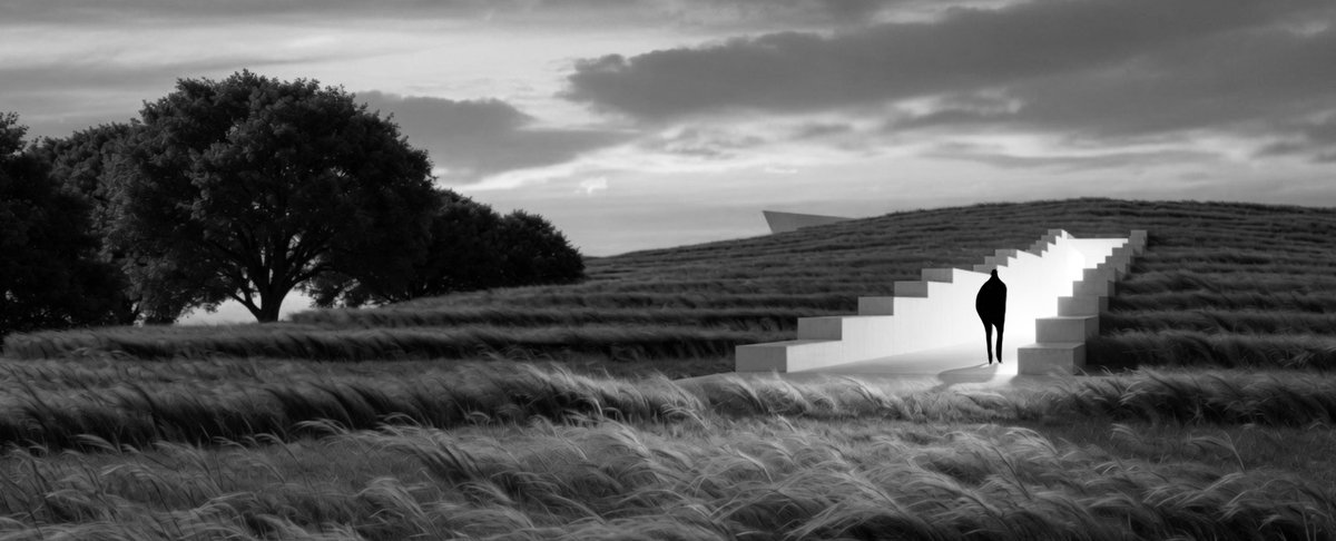 ArchiToed's tweet photo. Renderings of The Orrery:

At the foot of the mound, emerges a slice through the earth. Walking through this opening takes you slowly and gradually upwards through the subterranean structures, and to the emergence through the Gnomon. As you step outwards into the daylight, you find yourself at the top of the mound, and the base of the instruments.

This precession is a cleansing moment - you are removed from the outside world, and reemerge into the world of The Orrery.