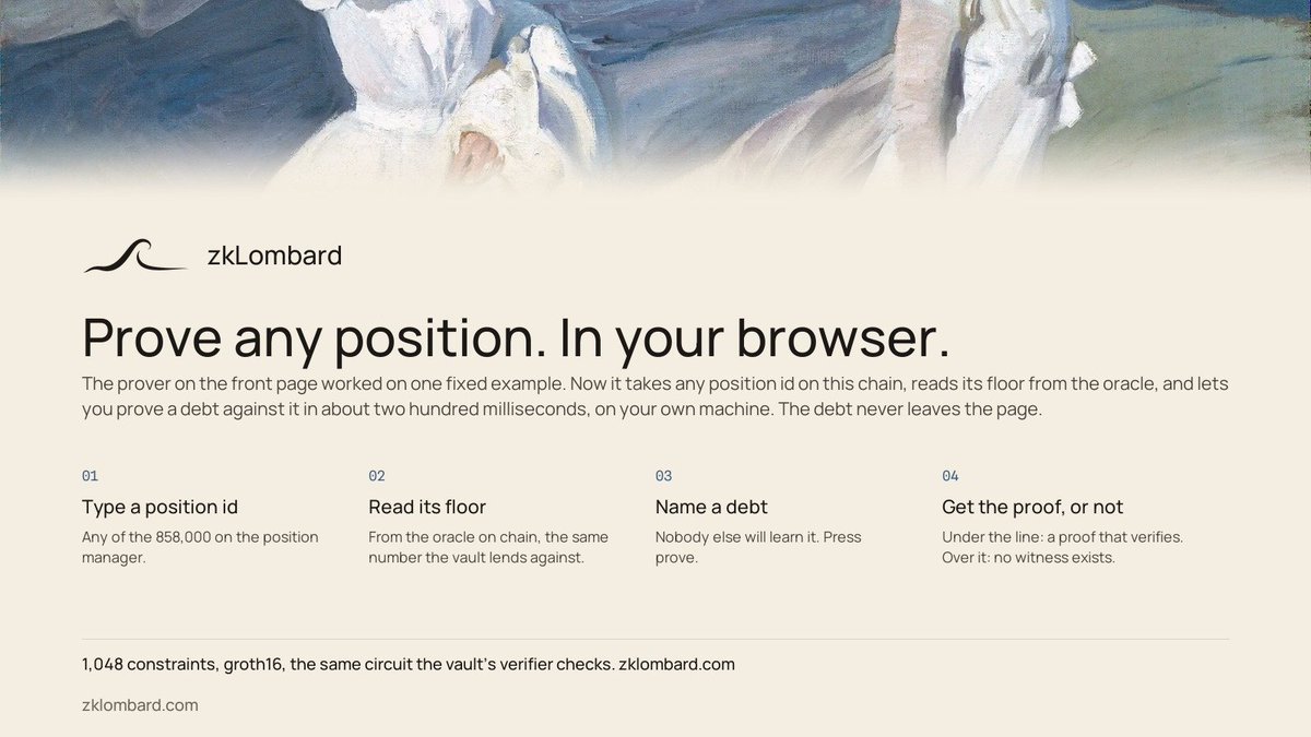 zkLombard's tweet photo. Prove any position. In your browser.

The prover on the front page worked on one fixed example. Now it takes any position id on Robinhood Chain, reads its floor from the oracle, and lets you prove a debt against it in ~200 ms on your own machine. The debt never leaves the page.

Under the line: a proof that verifies. Over it: no witness exists.