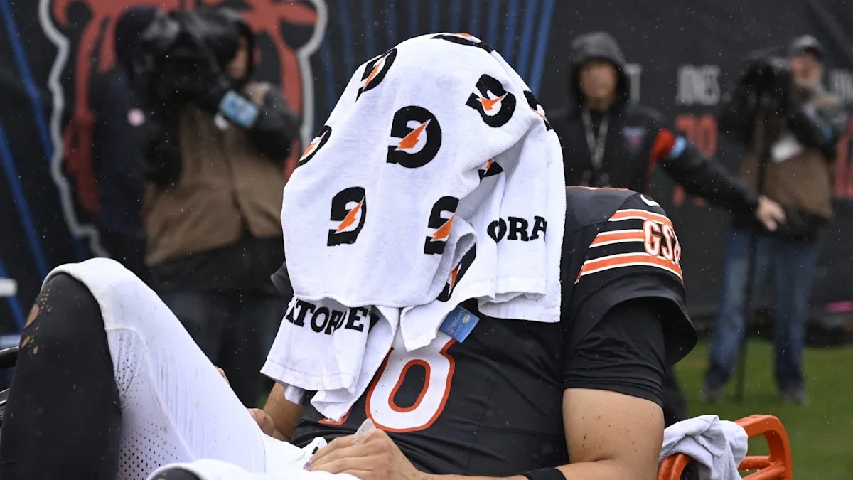 BearsOnReal's tweet photo. When Maye cries it's "Love for the game", but when Caleb cries it's "Overreacting". Alright bro. https://t.co/ZWPtWKgihL